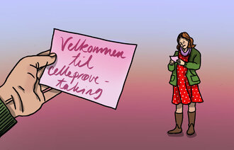 Illustrasjonen viser en kvinne som har fått et kort der det står "Velkommen til celleprøvetaking".