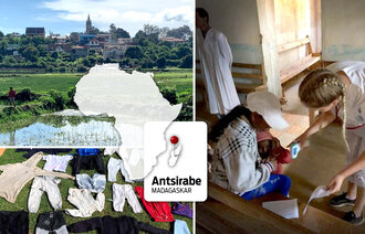 Montasjen viser dagligsituasjoner fra Antsirabe, Madagaskar samt en sykepleier som hjelper ei jente. På midten er det en montasje av et kart over Afrika og Madagaskar