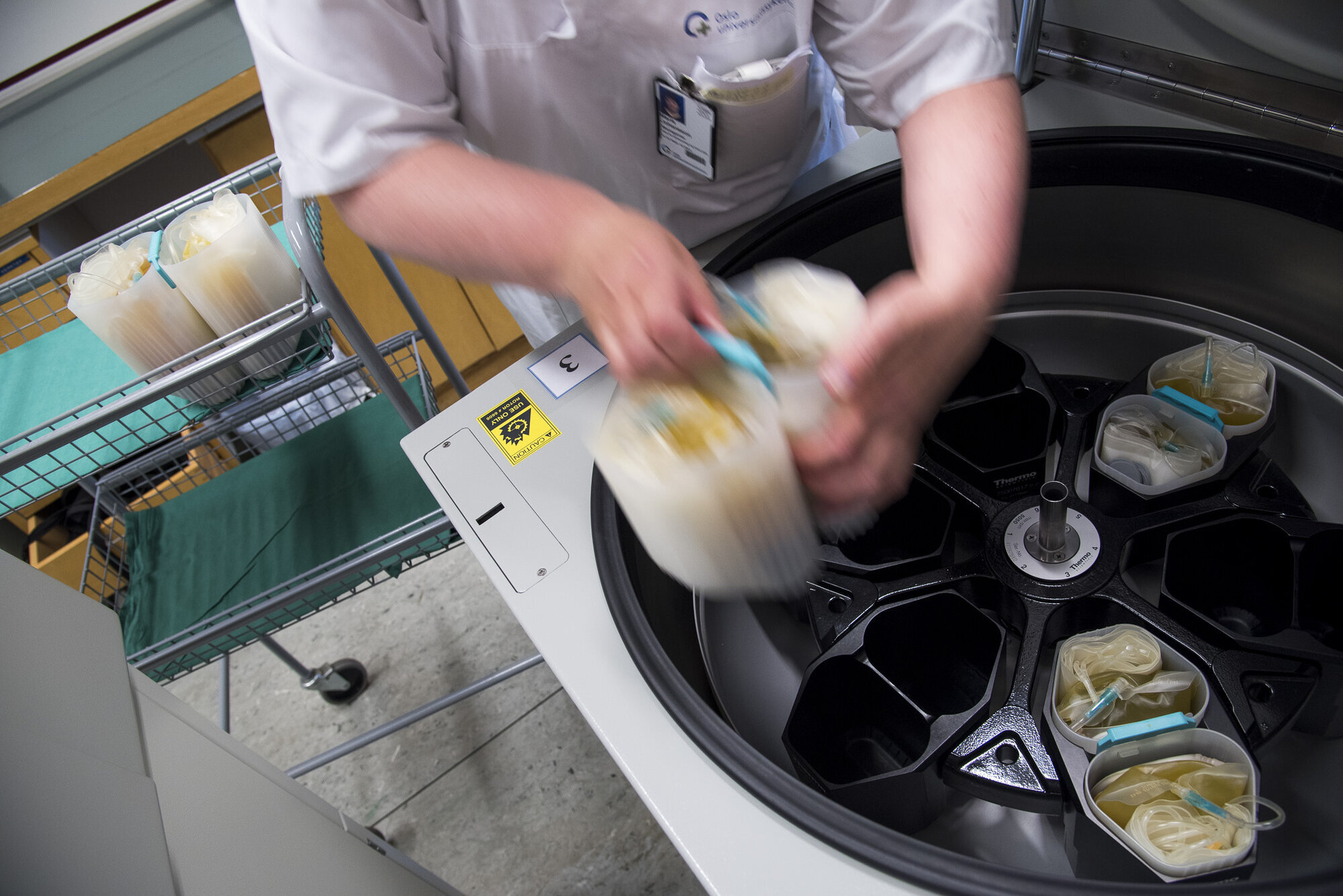 Blodgivning, sentrifugering Bildet viser to armer som tar ut en plastboks med blodposer som har vært sentrifugert i en maskin.