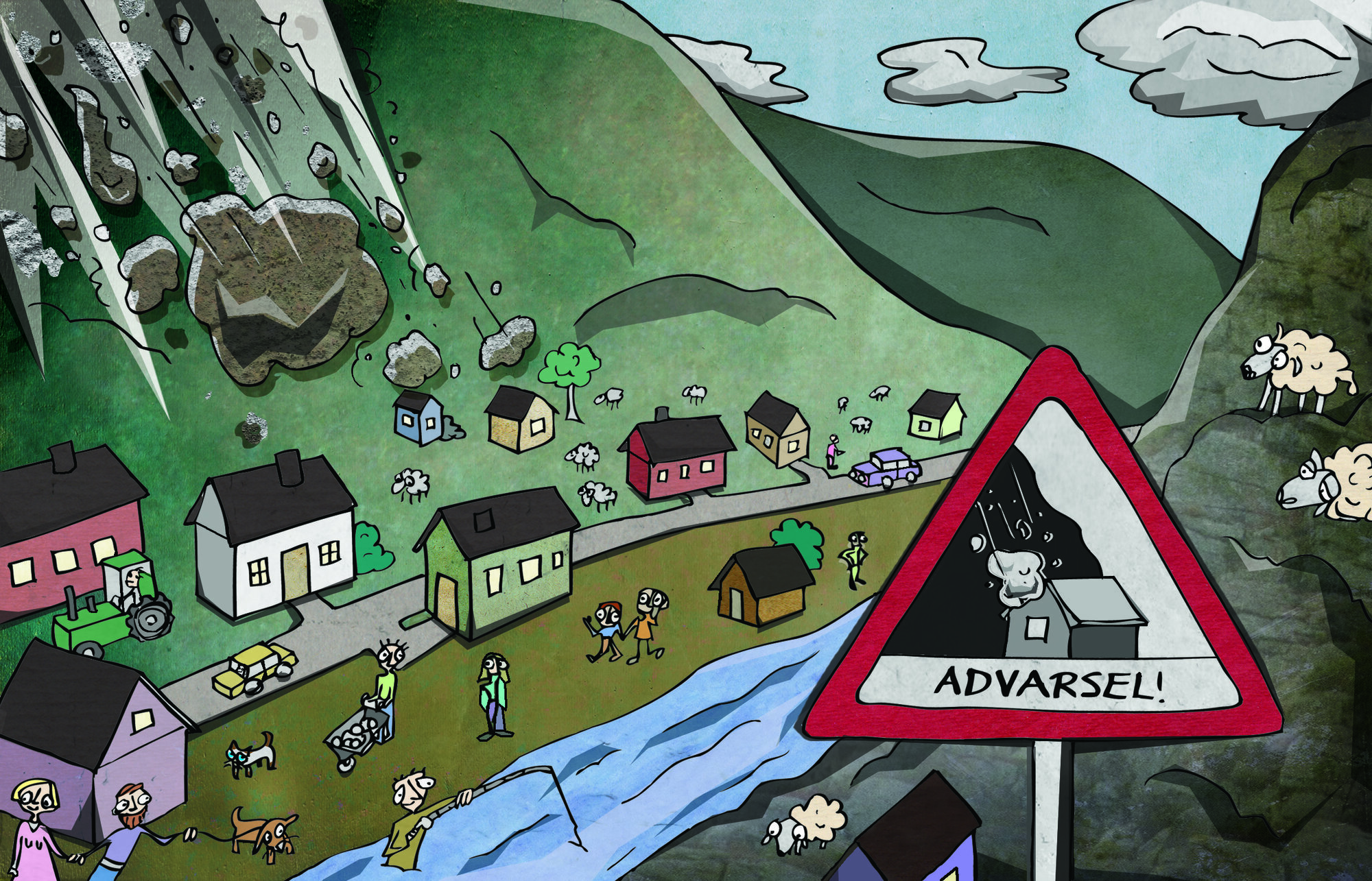 bemanning, eldreomsorg, advarsel Illustrasjonen viser en bygd der det går steinras og i forgrunnen er det et varselskilt som advarer mot steinras.