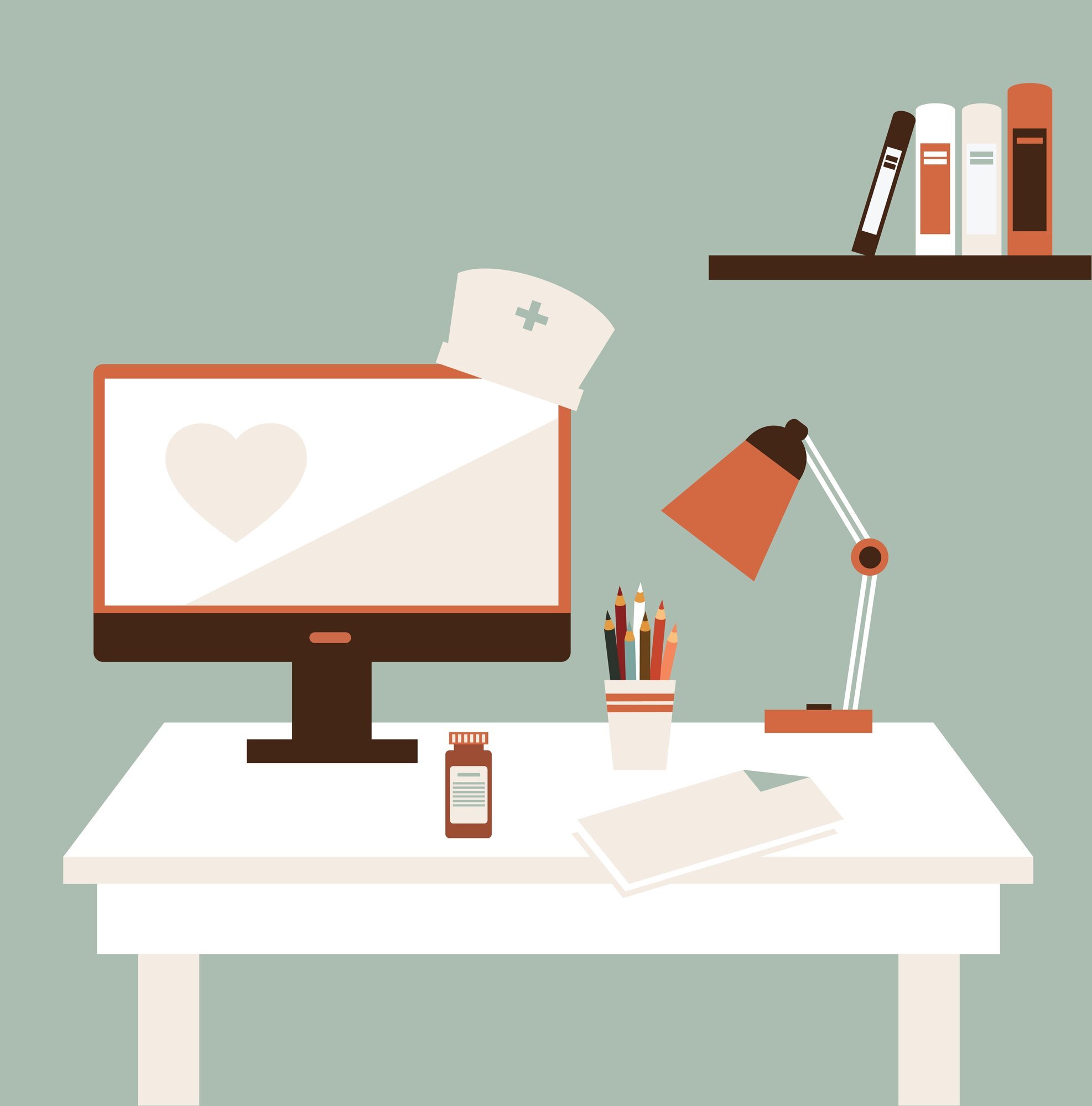 sykepleierutdanning, sykepleie Illustrasjonen viser et skrivebord med pc og en sykepleierkutte som henger på snei over pc´en.