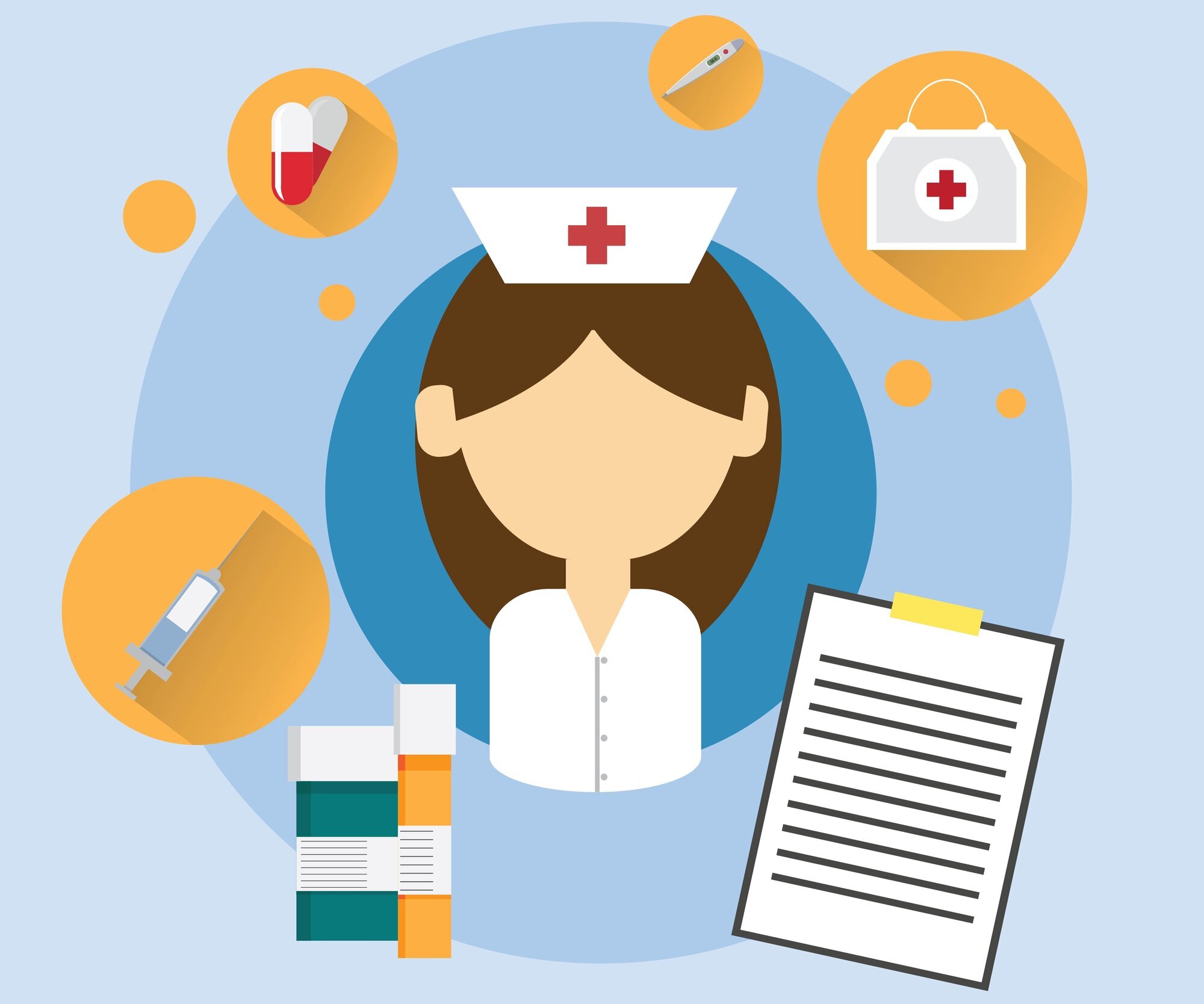 sykepleier, sykepleie Illustrasjonen viser en sykepleier som tenker på oppgavene hun må gjøre.