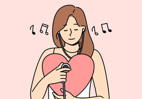 Illustrasjonen viser en kvinne som lytter på et hjerte.