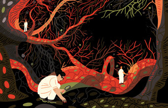 Sykepleiere som går på jakt inni kroppen. Illustrasjonen viser sykepleiere som går på jakt inni kroppen.