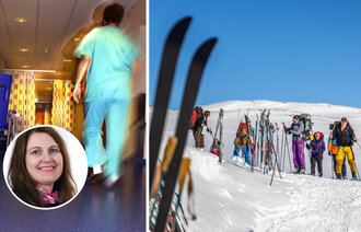 Bildet viser to illustrasjoner: Et bilde av sykepleiere på jobb og et bilde av ski og påskeliv på fjellet