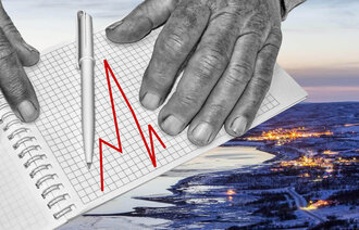 Bildet viser et bilde fra nord og en illustrasjon av hender som tegner en rød graf