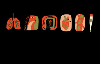 Lunger, oksygen, blodtrykk, hjerte, bevissthetsnivå og temperatur. Illustrasjonen viser lunger, oksygen, blodtrykk, hjerte, bevissthetsnivå og temperatur.