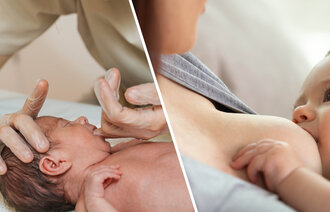 Bildet viser et spedbarn som blir ammet