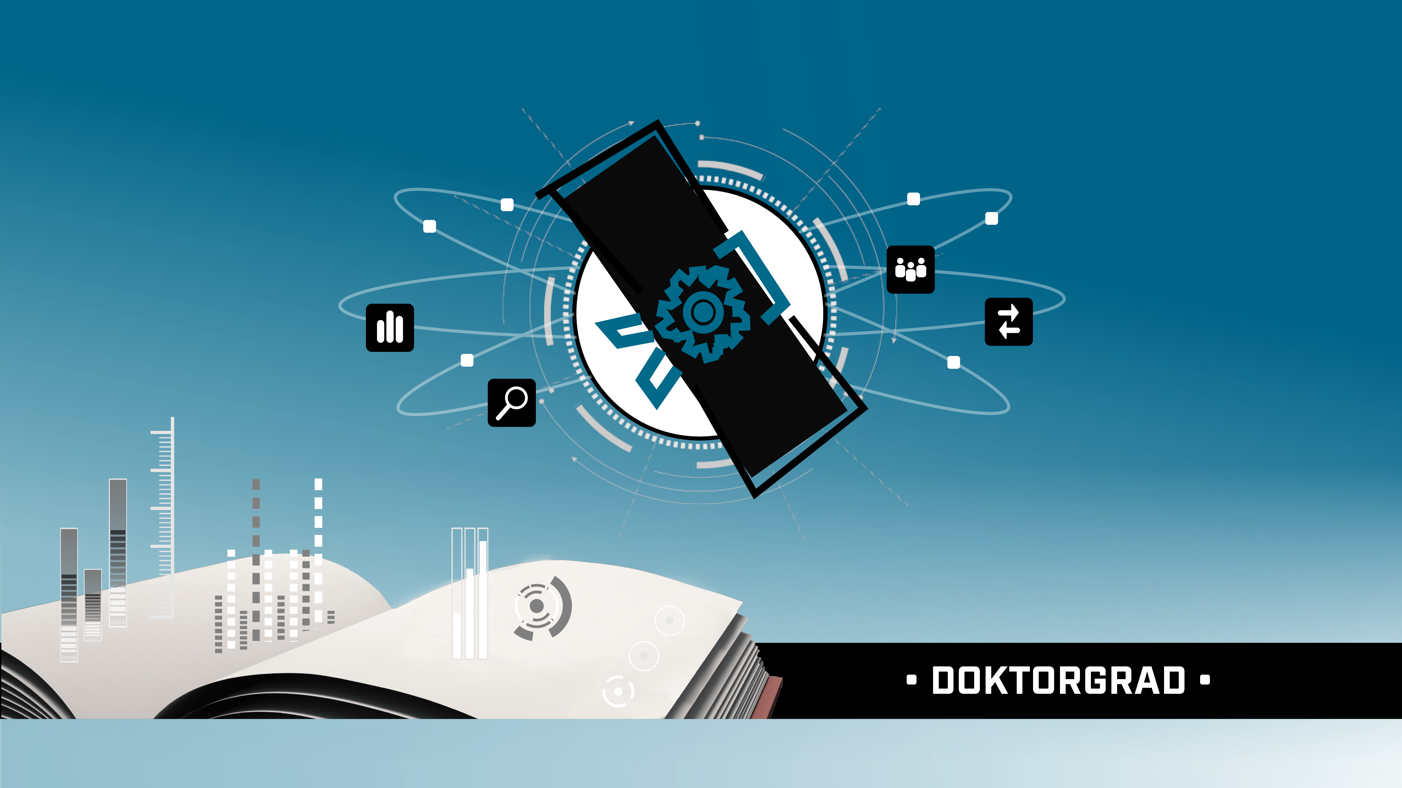 Doktorgrad Illustrasjonen viser en oppslått bok med ulike grafer som kommer ut. Over svever en klode med symboler rundt. Et diplom ligger over kloden. Nederst til høyre står teksten "Doktorgrad".
